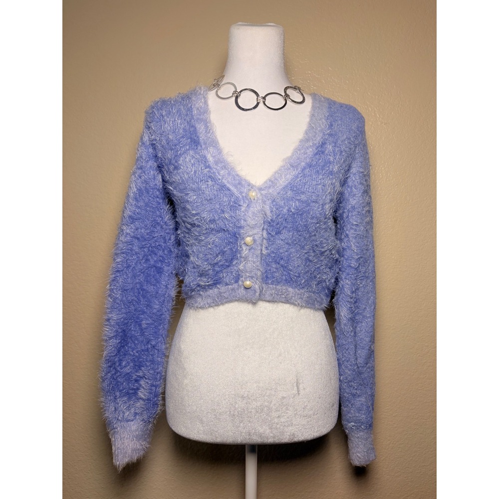 Y2K Forever 21 Fuzzy Blue Knit Cropped Cardigan Pearl Button Sweater M #9
